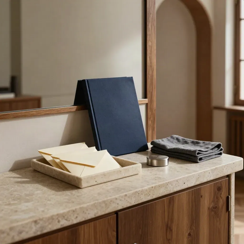 Salotto romano con buste chiuse in vaschetta e cartellina su sideboard in pietra.