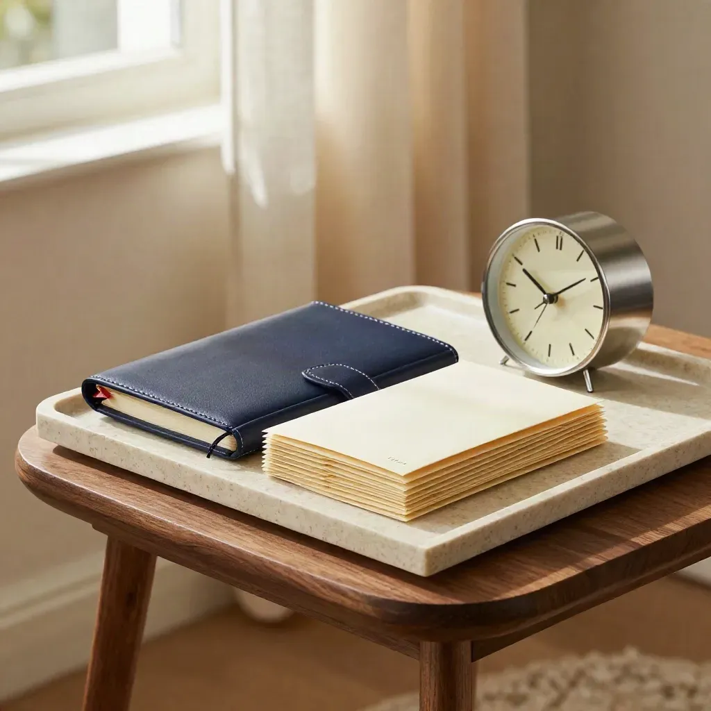 Agenda chiusa, buste ordinate e piccolo orologio su tavolino luminoso, scena calma e rassicurante.