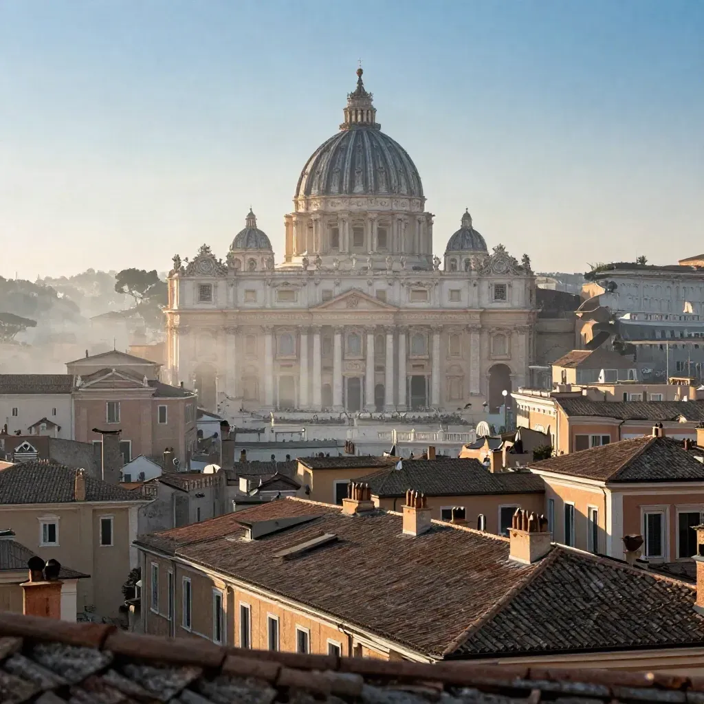Roma all’alba con cupola, tetti in terracotta, cielo chiaro e foschia morbida.