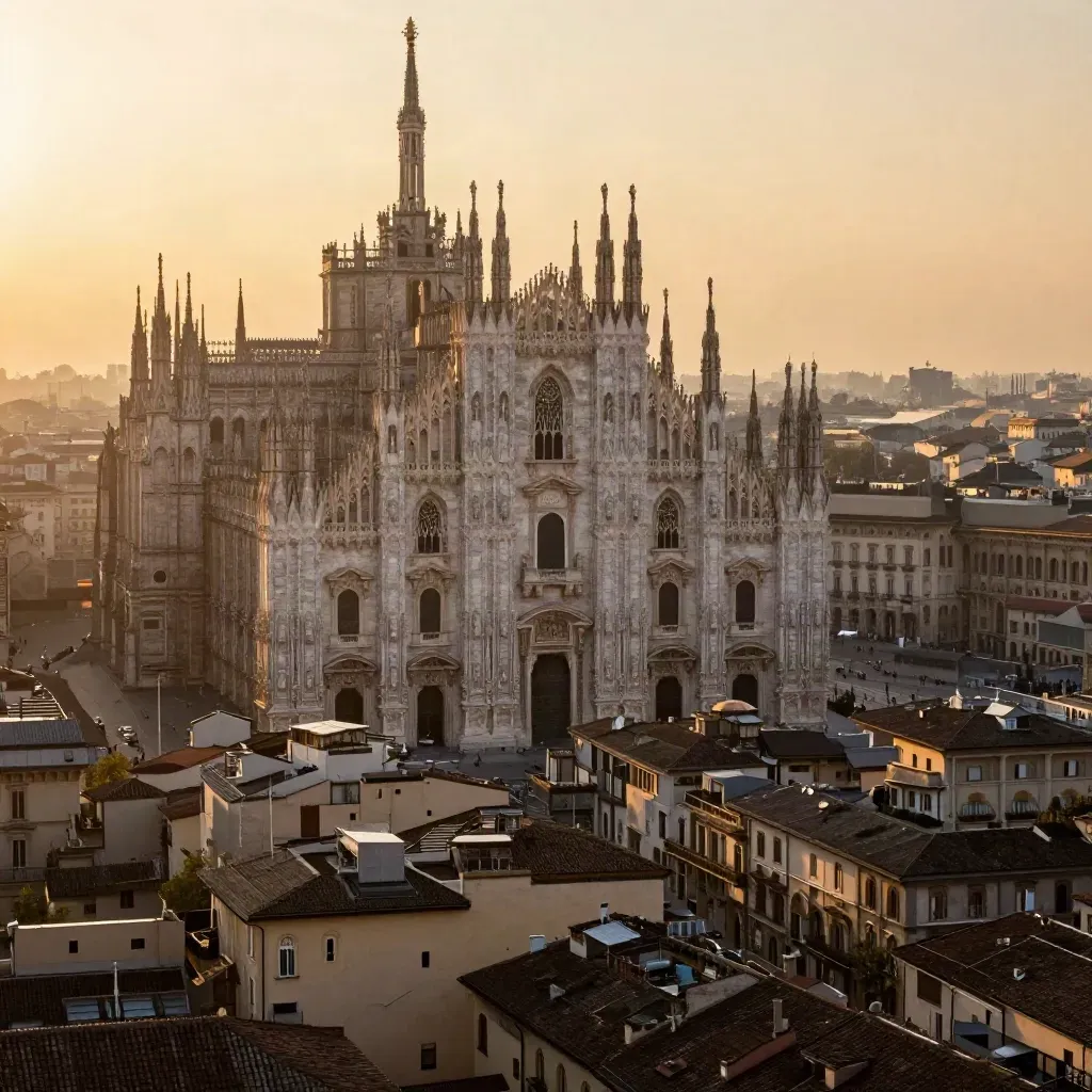 Panorama dorato di Milano dall’alto, con skyline alto e spazio morbido per il testo.
