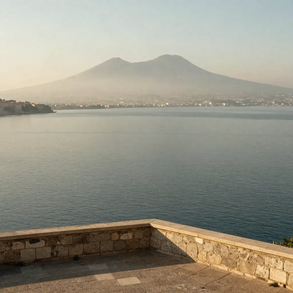 Golfo di Napoli con Vesuvio lontano, mare calmo e foschia dorata al tramonto.