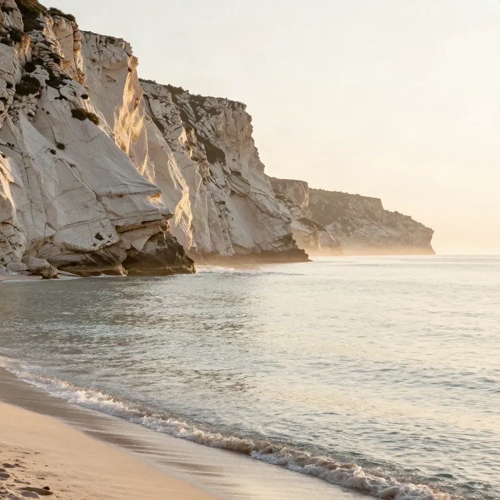 Scogliera chiara di Siracusa al tramonto, mare calmo e foschia dorata